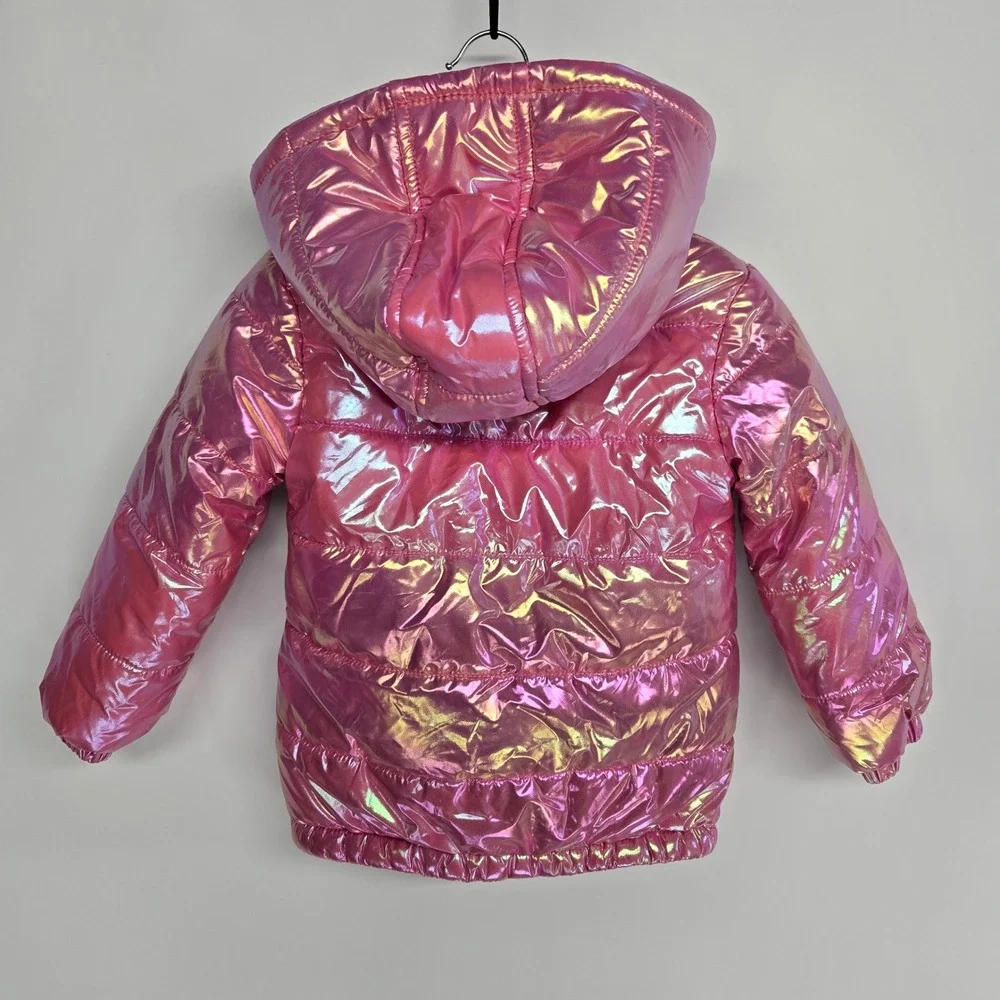 Anko Puffer Jacket Kids‎ Size 3 Pink Metallic Iridescent Hooded Winter Coat NEW